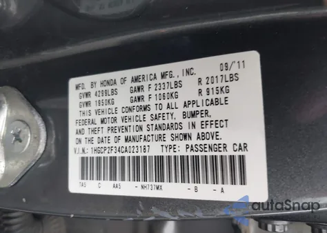 2012 Honda Accord 2.4 Lx from USA, damaged, VIN 1HGCP2F34CA023187